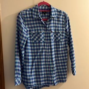 Talbots size PP blue and white plaid shirt. EUC, could use a bit if pressing.